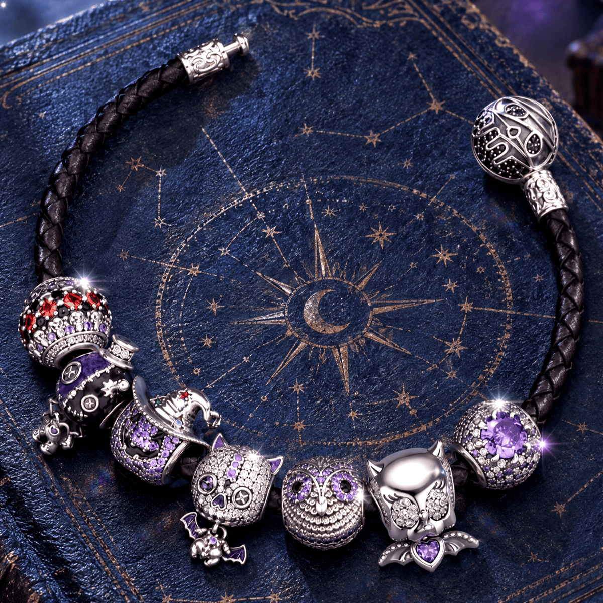 Blackened Sterling Silver Halloween Voodoo Cat, Owl & Vampire Bat Curated Charm Bracelet Set with Black Braided Cord (Includes Bracelet And All Charms Shown)