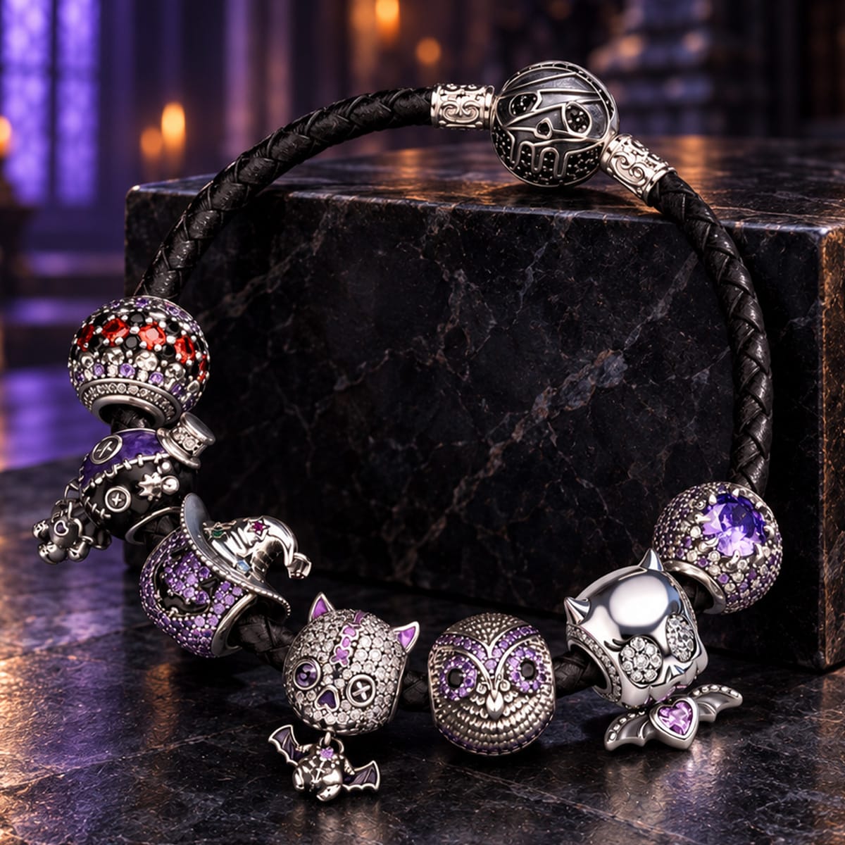 Blackened Sterling Silver Halloween Voodoo Cat, Owl & Vampire Bat Curated Charm Bracelet Set with Black Braided Cord (Includes Bracelet And All Charms Shown)