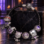 Blackened Sterling Silver Halloween Voodoo Cat, Owl & Vampire Bat Curated Charm Bracelet Set with Black Braided Cord (Includes Bracelet And All Charms Shown)