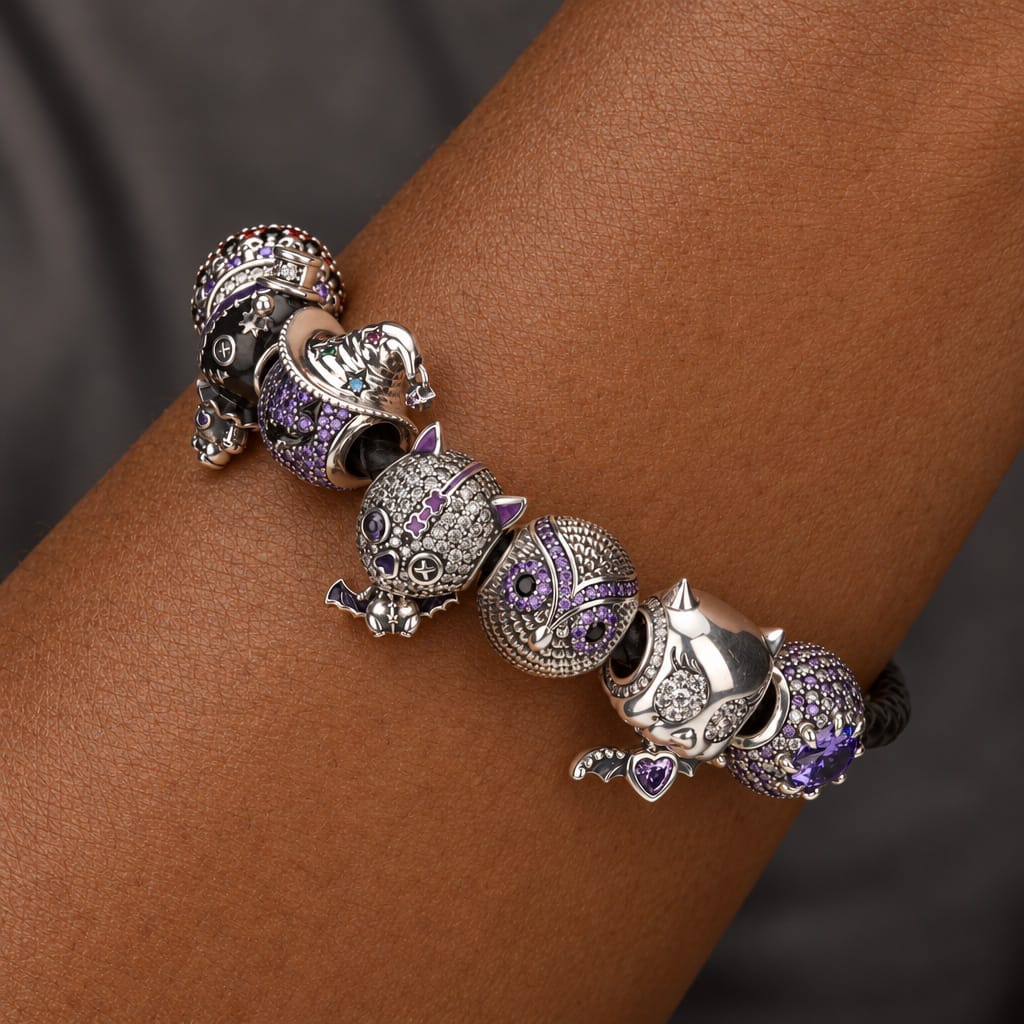 Blackened Sterling Silver Halloween Voodoo Cat, Owl & Vampire Bat Curated Charm Bracelet Set with Black Braided Cord (Includes Bracelet And All Charms Shown)