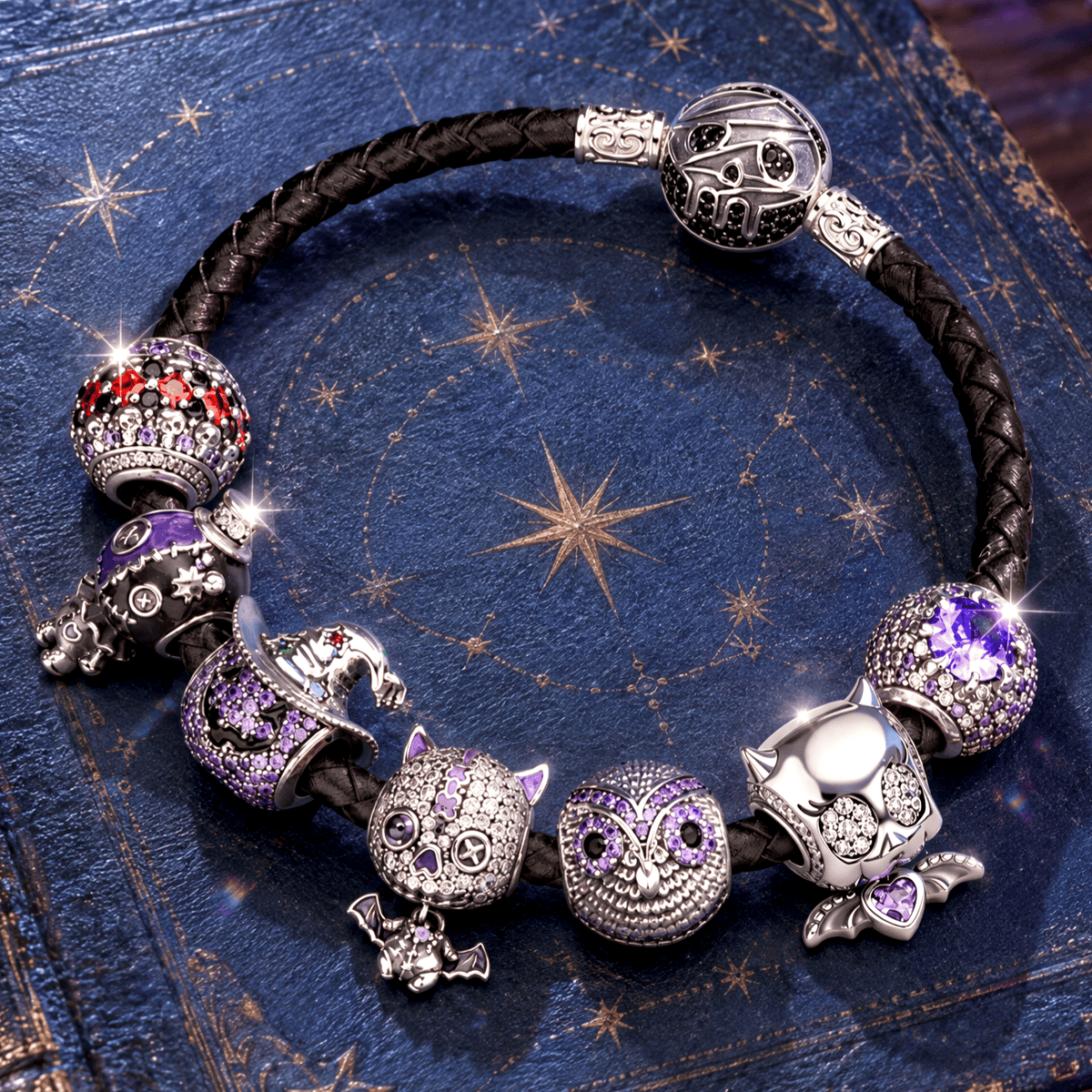 Blackened Sterling Silver Halloween Voodoo Cat, Owl & Vampire Bat Curated Charm Bracelet Set with Black Braided Cord (Includes Bracelet And All Charms Shown)