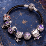 Blackened Sterling Silver Halloween Voodoo Cat, Owl & Vampire Bat Curated Charm Bracelet Set with Black Braided Cord (Includes Bracelet And All Charms Shown)