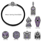 Blackened Sterling Silver Gothic Castle, Mummy & Coffin Curated Charm Bracelet Set with Black Braided Cord (Includes Bracelet And All Charms Shown)