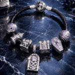 Blackened Sterling Silver Gothic Castle, Mummy & Coffin Curated Charm Bracelet Set with Black Braided Cord (Includes Bracelet And All Charms Shown)
