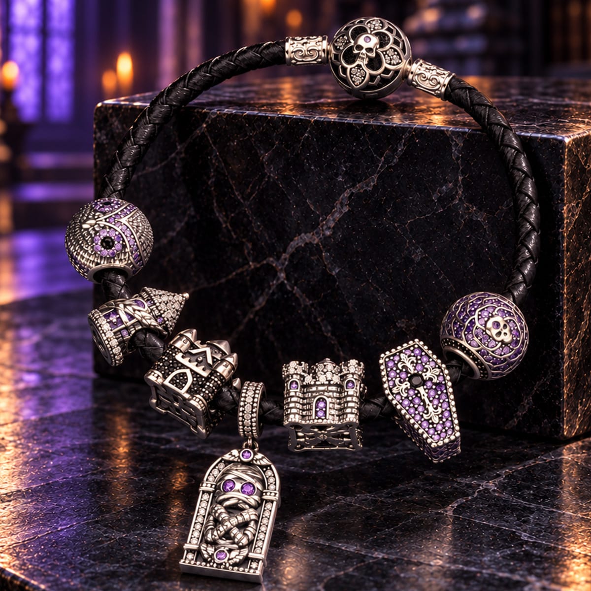 Blackened Sterling Silver Gothic Castle, Mummy & Coffin Curated Charm Bracelet Set with Black Braided Cord (Includes Bracelet And All Charms Shown)