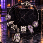 Blackened Sterling Silver Gothic Castle, Mummy & Coffin Curated Charm Bracelet Set with Black Braided Cord (Includes Bracelet And All Charms Shown)