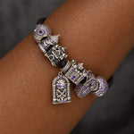 Blackened Sterling Silver Gothic Castle, Mummy & Coffin Curated Charm Bracelet Set with Black Braided Cord (Includes Bracelet And All Charms Shown)