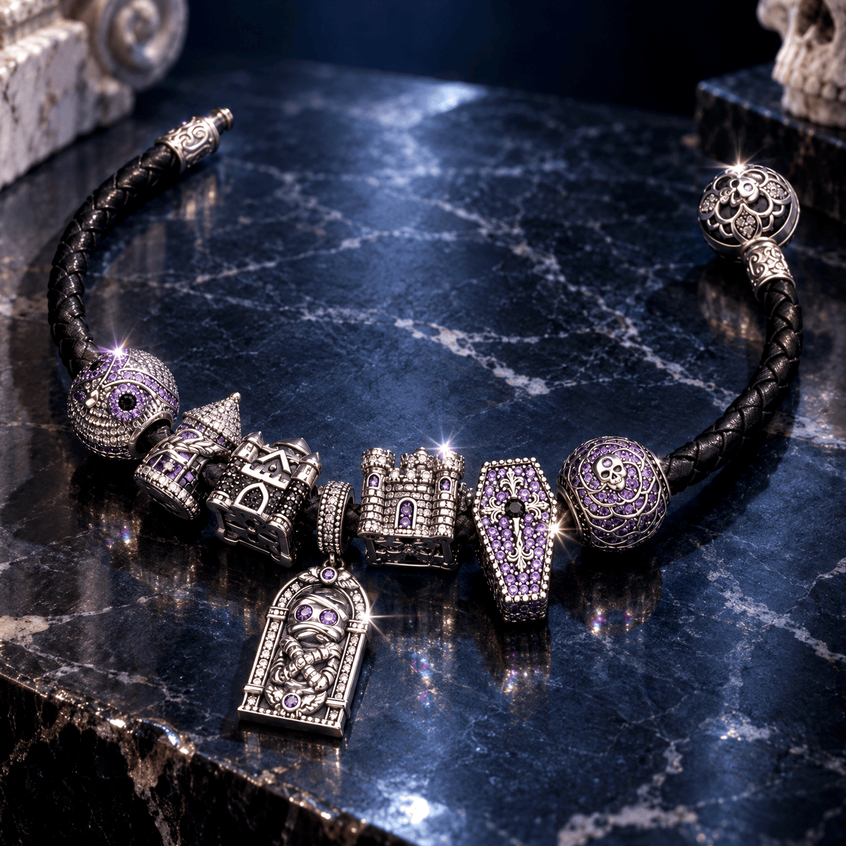 Blackened Sterling Silver Gothic Castle, Mummy & Coffin Curated Charm Bracelet Set with Black Braided Cord (Includes Bracelet And All Charms Shown)