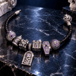 Blackened Sterling Silver Gothic Castle, Mummy & Coffin Curated Charm Bracelet Set with Black Braided Cord (Includes Bracelet And All Charms Shown)