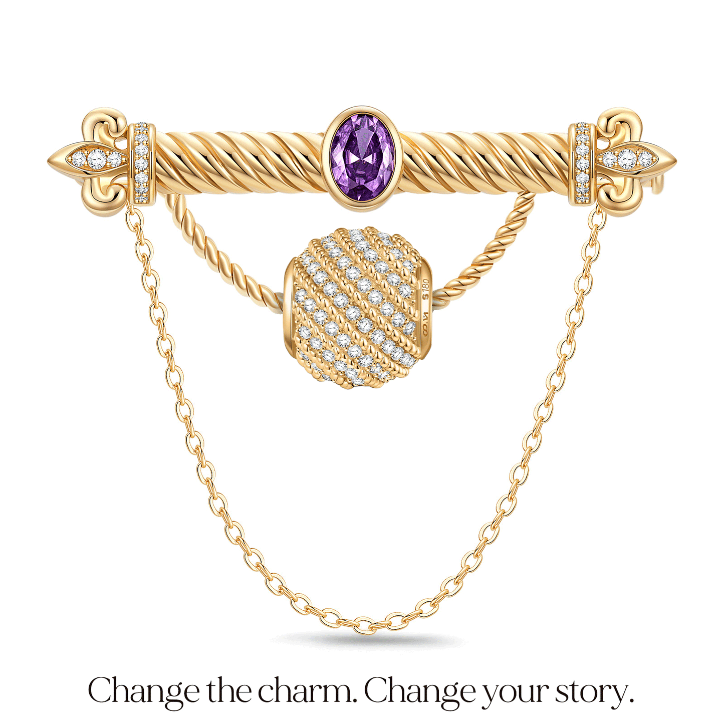 Amethyst Tarnish-Resistant Silver Interchangeable Charm Holder Brooch with Versatile Archway in 14K Gold Plated for Custom Jewelry Styling
