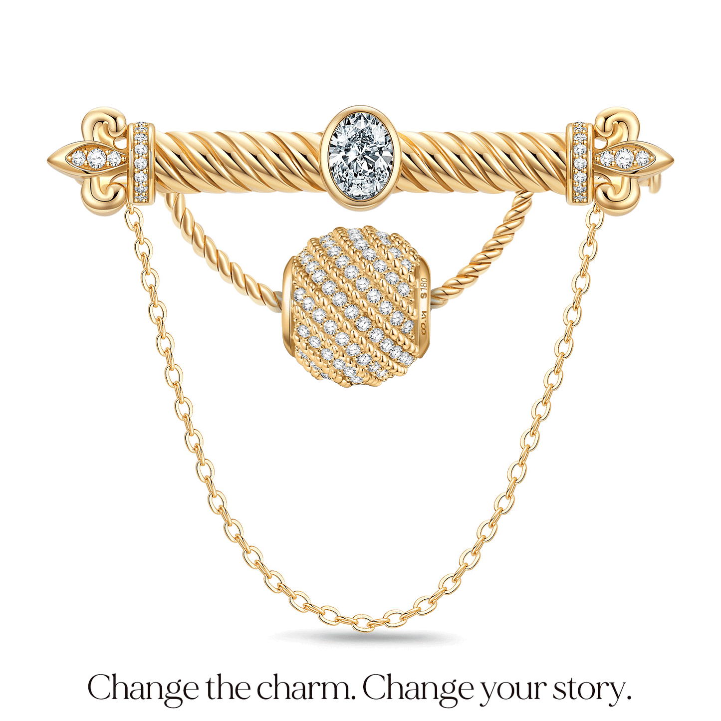 White Zircon Tarnish-Resistant Silver Interchangeable Charm Holder Brooch with Versatile Archway in 14K Gold Plated for Custom Jewelry Styling
