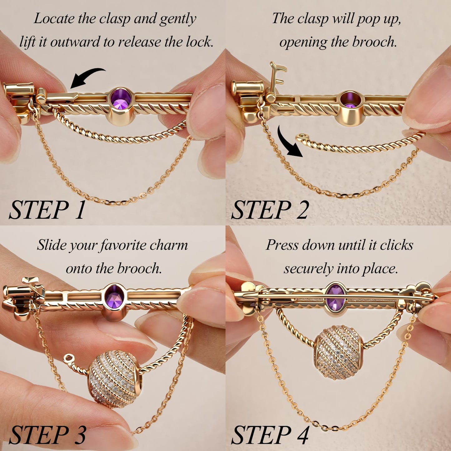 White Zircon Tarnish-Resistant Silver Interchangeable Charm Holder Brooch with Versatile Archway in 14K Gold Plated for Custom Jewelry Styling