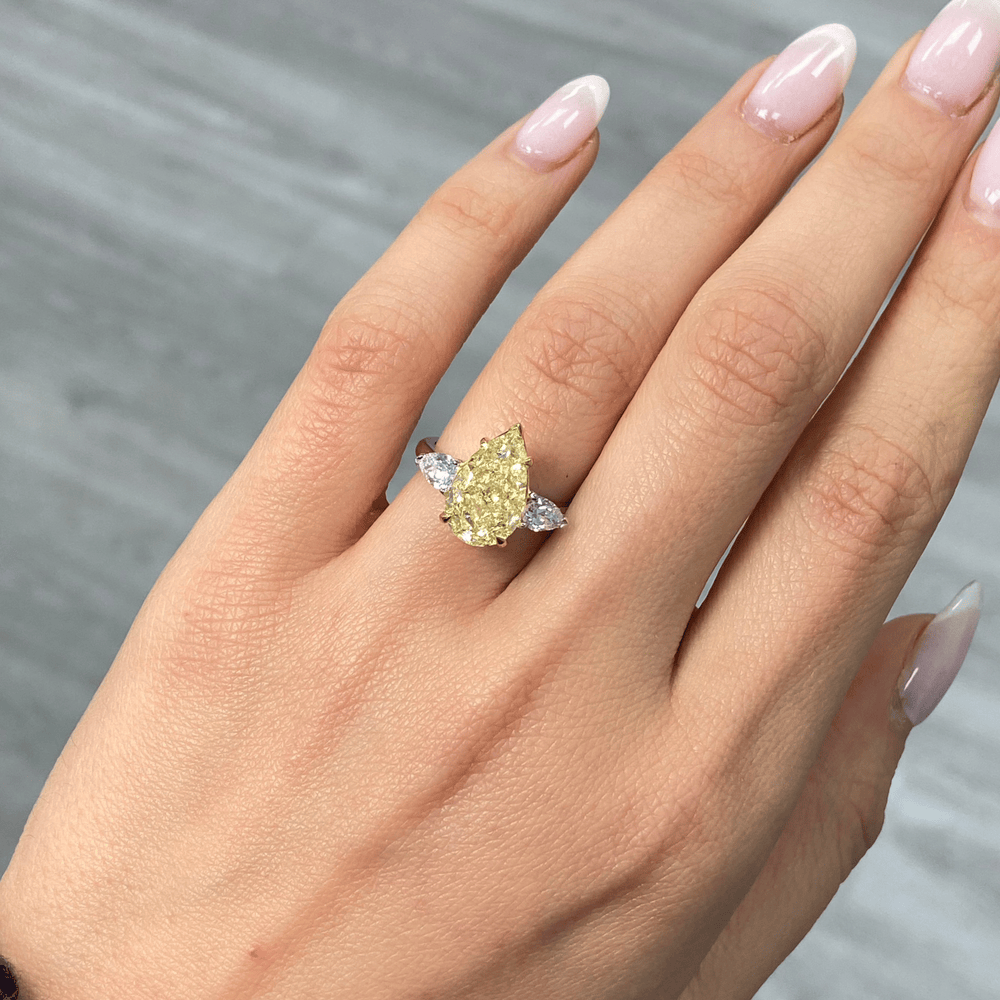 Sunlit Pear Trilogy - 3.0 ct Pear Brilliant Cut Lab-Grown Fancy Intense Yellow Diamond Three-Stone Ring with Pear Diamond Side Stones In Tarnish-resistant Silver (Includes IGI Certification from International Gemological Institute)