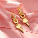 Personalized Engravable Detachable Milgrain Key Tarnish-Resistant Silver Charms Earrings Set In 14K Gold Plated