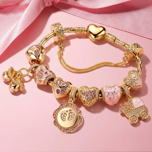 gona- Timeless Love for Mom Tarnish-resistant Silver Charm Bracelet Set in Pink Gold Plated (Includes Bracelet and All Charms Shown)