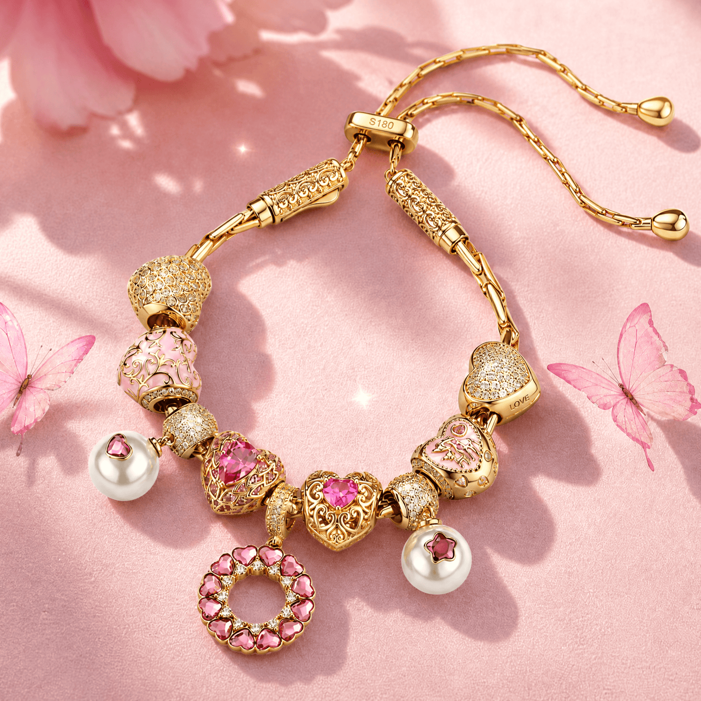 Sleeping Beauty Aurora Pink Heart Adjustable Tarnish-Resistant Silver Charm Bracelet Set In 14K Gold Plated (Includes bracelet and all charms shown)