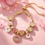Sleeping Beauty Aurora Pink Heart Adjustable Tarnish-Resistant Silver Charm Bracelet Set In 14K Gold Plated (Includes bracelet and all charms shown)