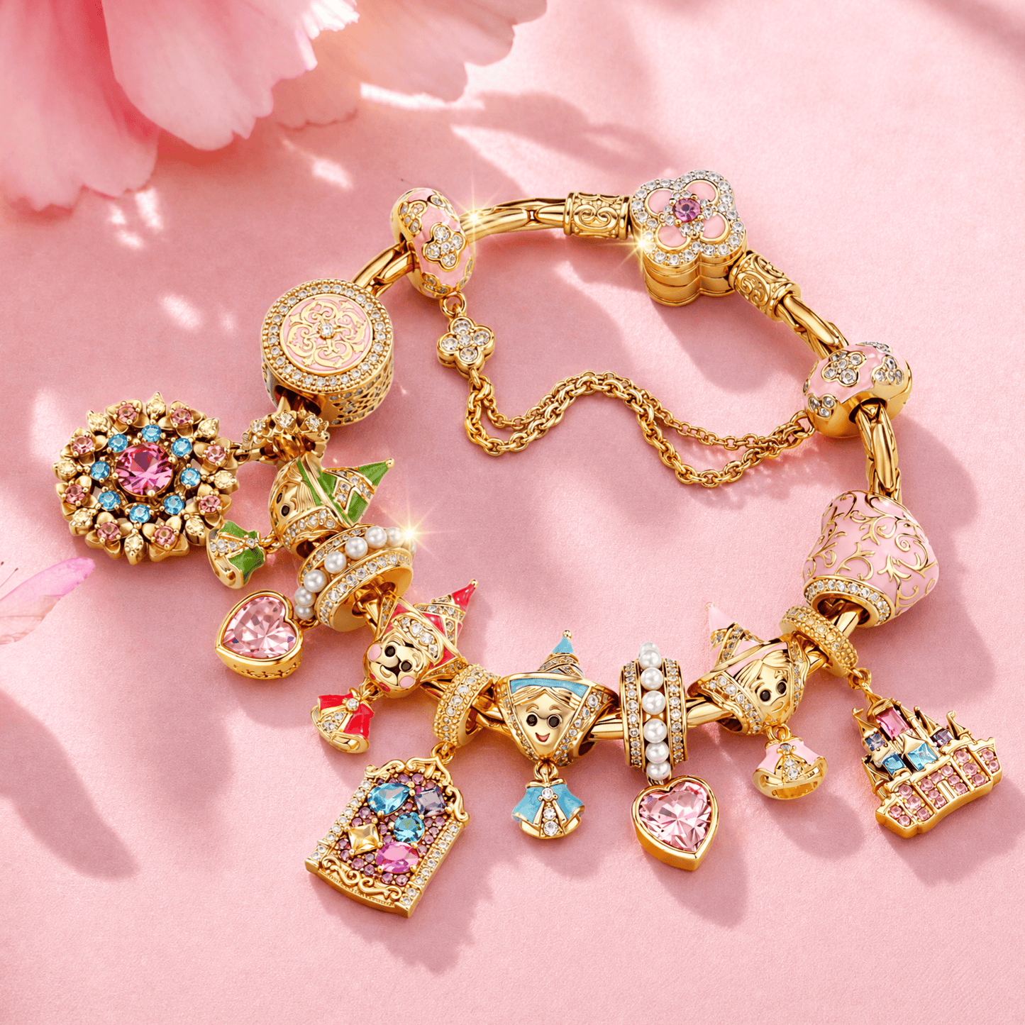 Sterling Silver Sleeping Beauty Enchanted Fairy Blessings Charm Bracelet Set In 14K Gold Plated (Includes Bracelet And All Charms Shown)