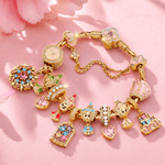 Sterling Silver Sleeping Beauty Enchanted Fairy Blessings Charm Bracelet Set In 14K Gold Plated (Includes Bracelet And All Charms Shown)