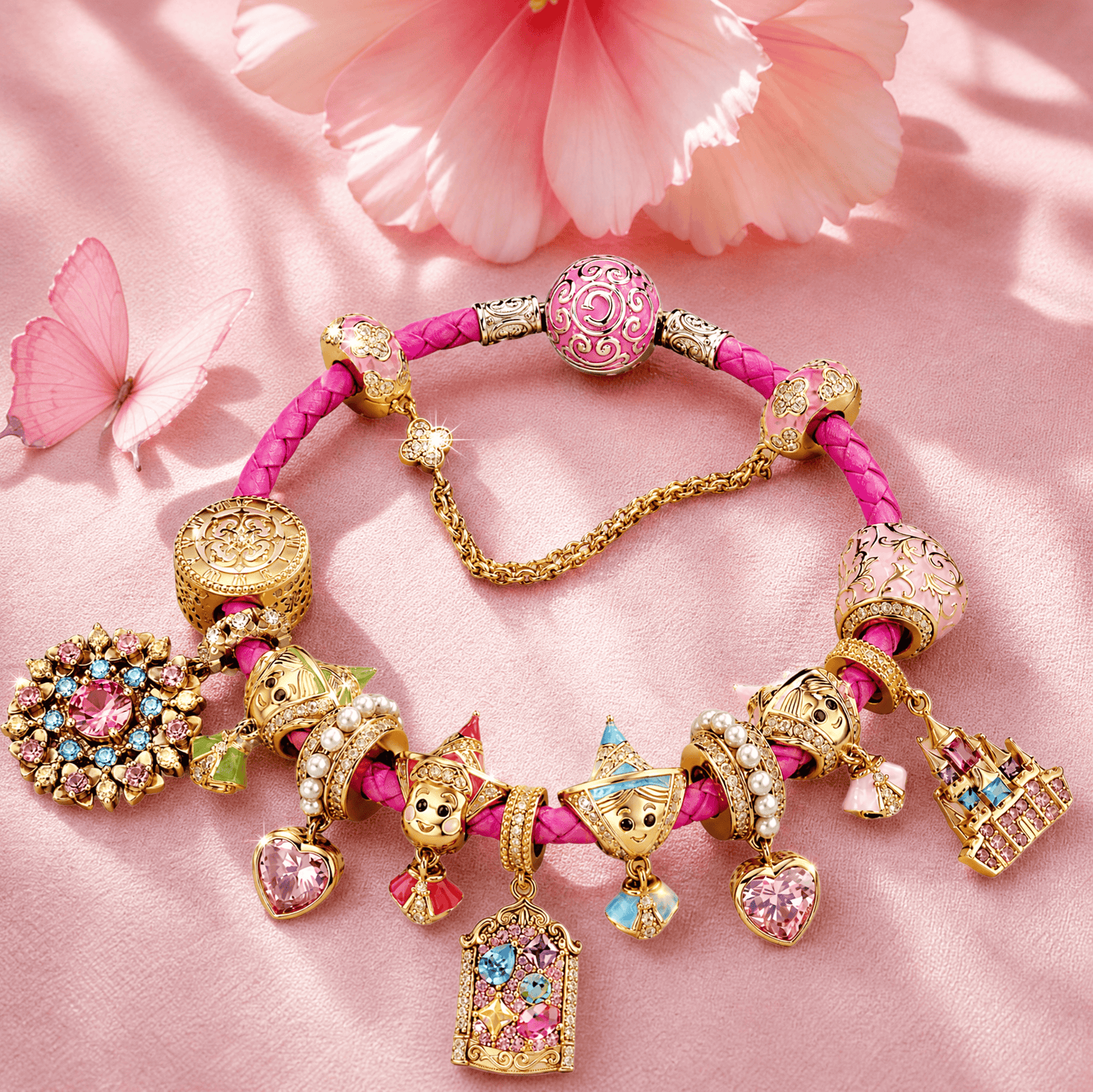 Sleeping Beauty Enchanted Fairy Blessings Pink Braided Leather & Tarnish-Resistant Silver Charm Bracelet Set In 14K Gold Plated (Includes Bracelet And All Charms Shown)