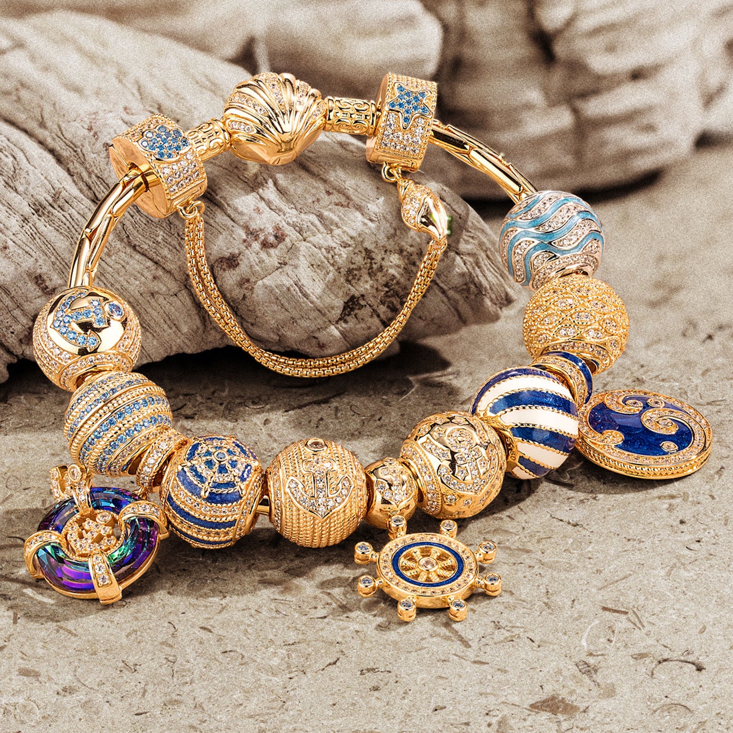 Sterling Silver Sail Across the Swells Charms Bracelet Set With Enamel In 14K Gold Plated
