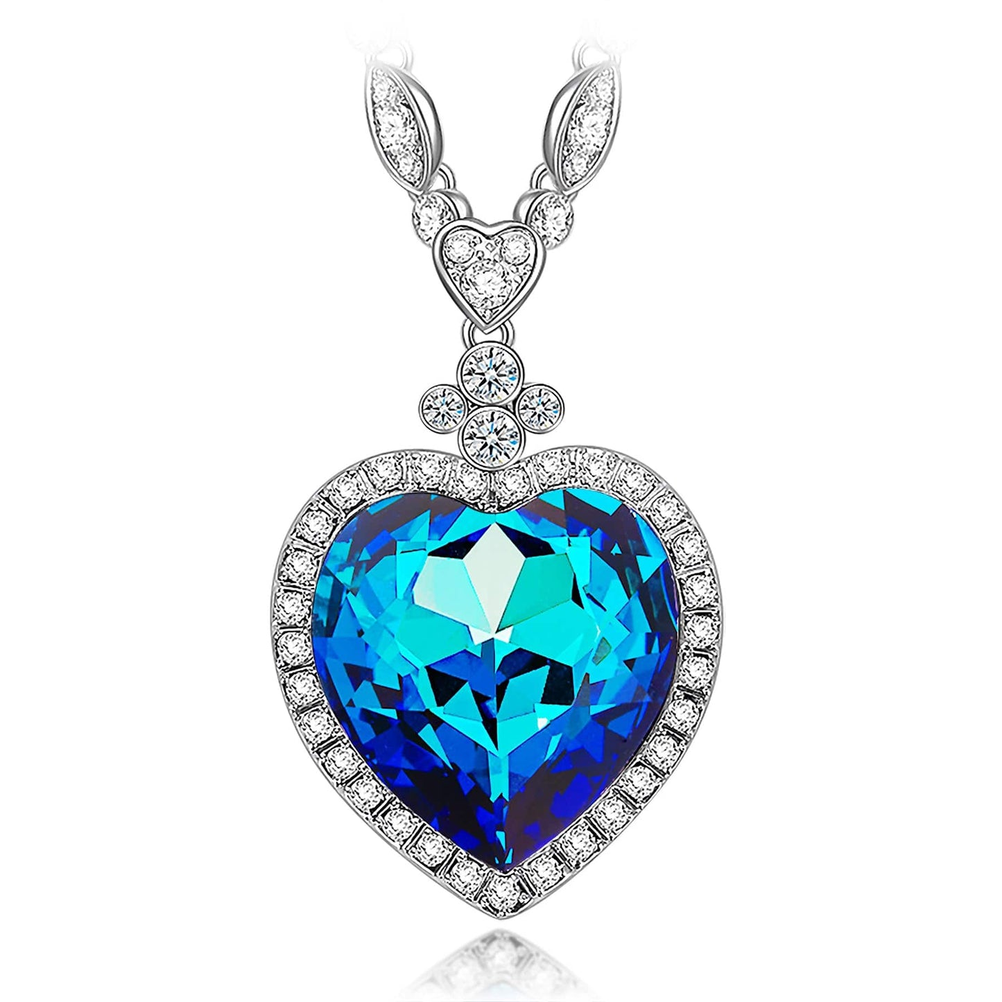 Heart of Sapphire Blue Swarovski® Crystal Sweater Necklace — White Gold Plated