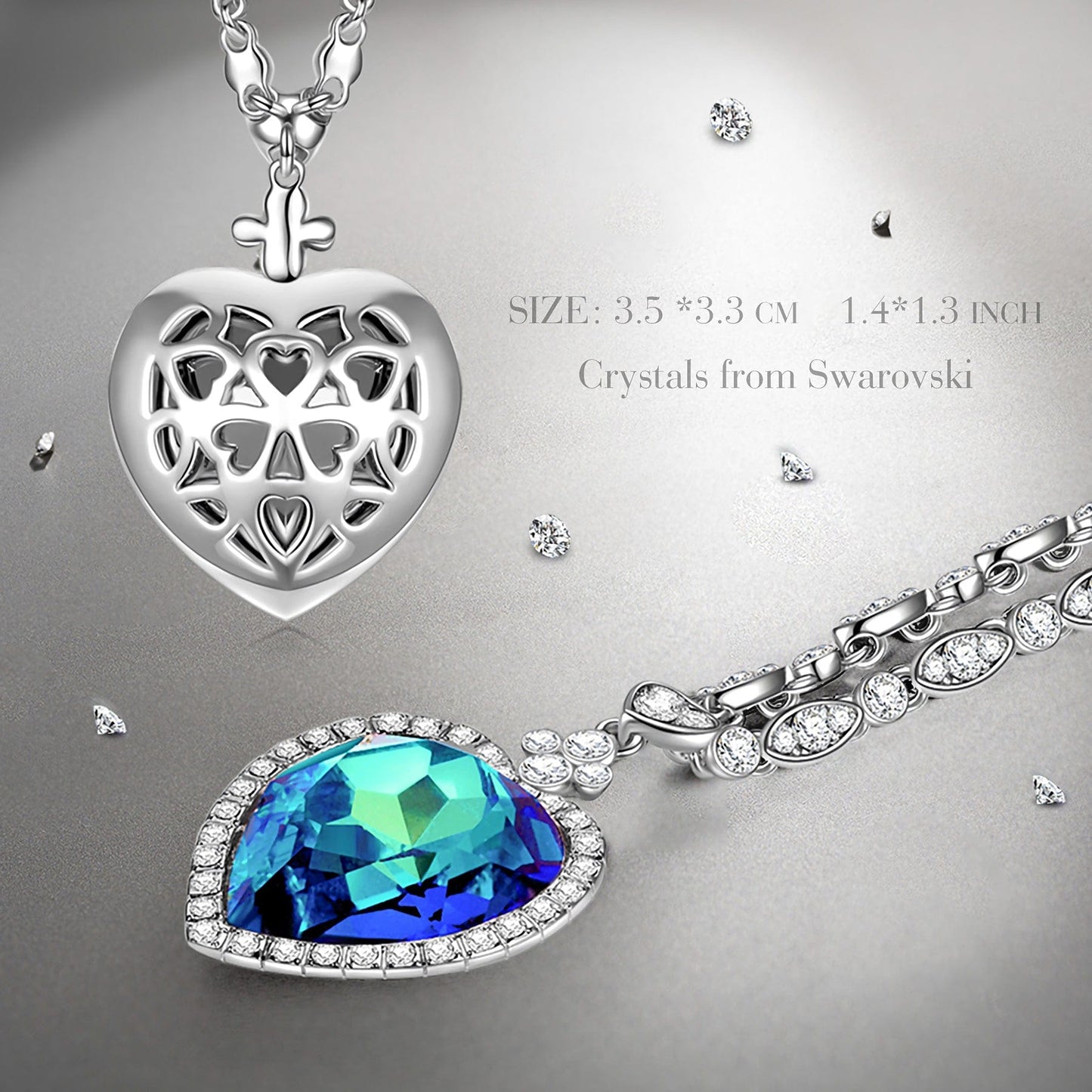 Heart of Sapphire Blue Swarovski® Crystal Sweater Necklace — White Gold Plated