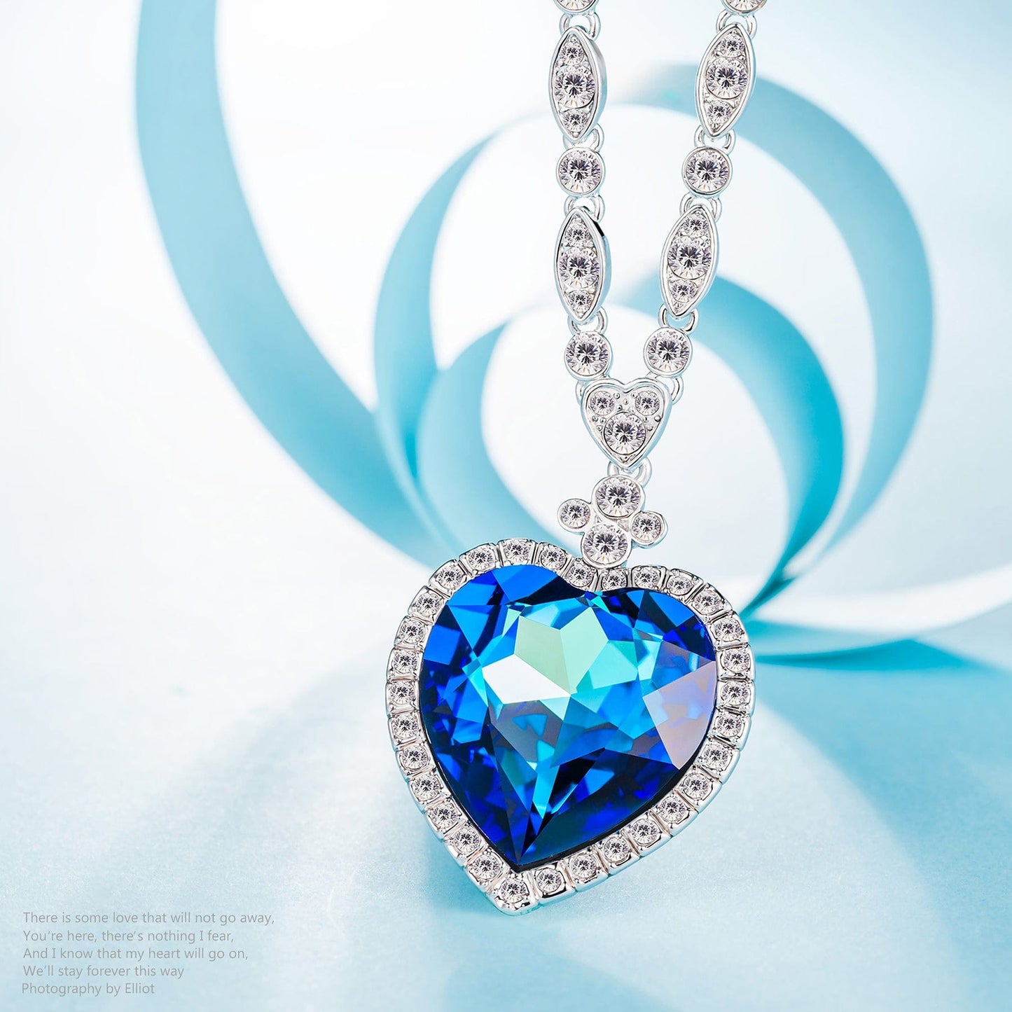 Heart of Sapphire Blue Swarovski® Crystal Sweater Necklace — White Gold Plated