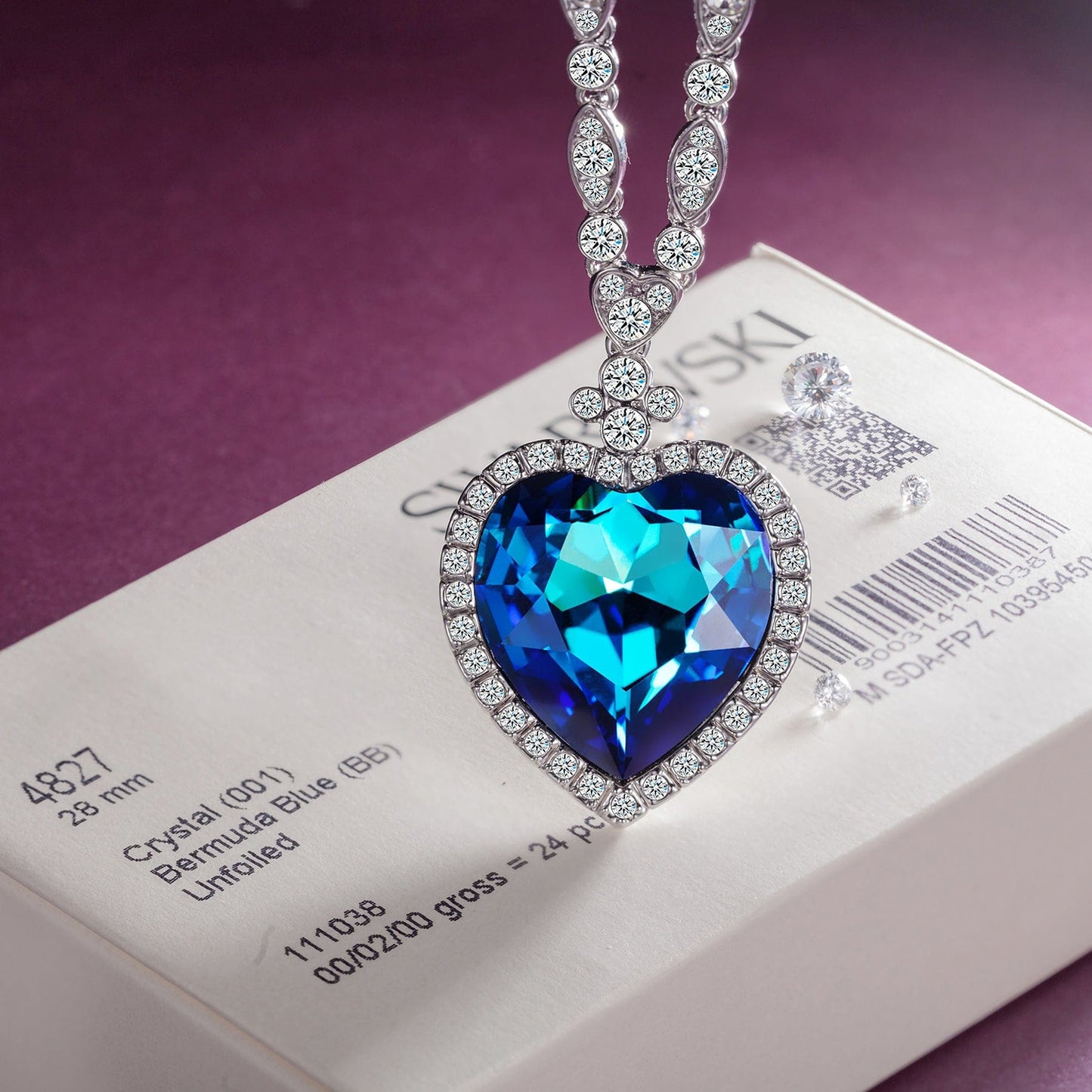 Heart of Sapphire Blue Swarovski® Crystal Sweater Necklace — White Gold Plated