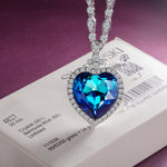 Heart of Sapphire Blue Swarovski® Crystal Sweater Necklace — White Gold Plated