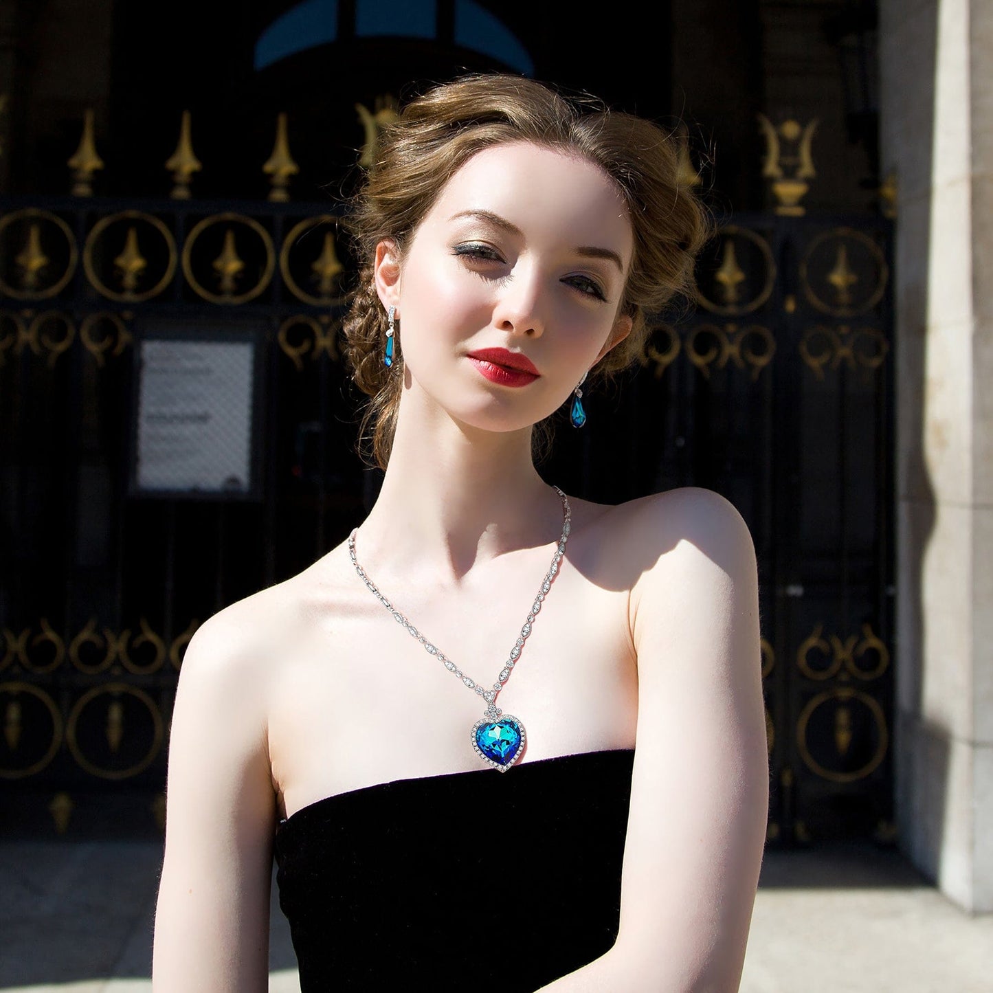 Heart of Sapphire Blue Swarovski® Crystal Sweater Necklace — White Gold Plated