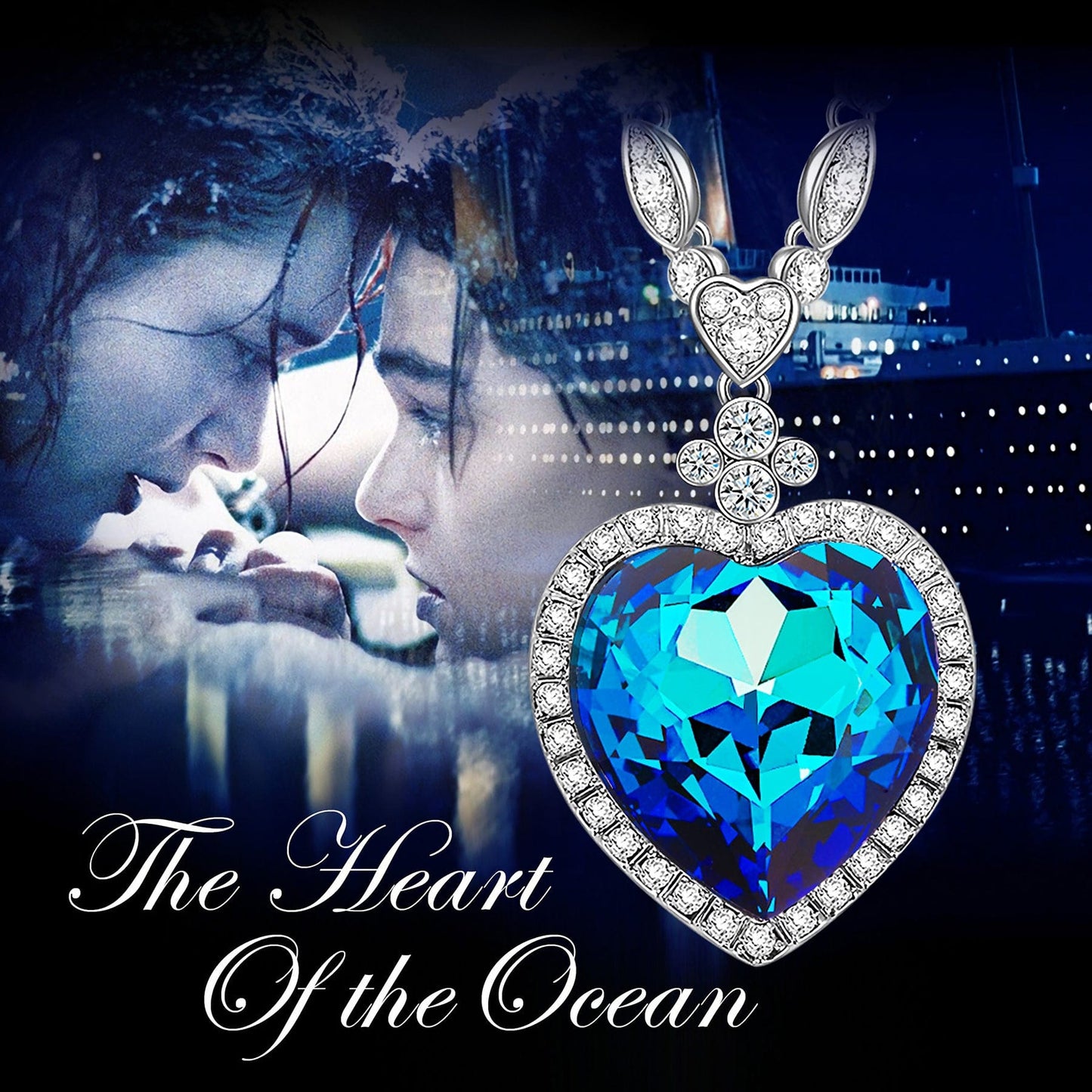 Heart of Sapphire Blue Swarovski® Crystal Sweater Necklace — White Gold Plated