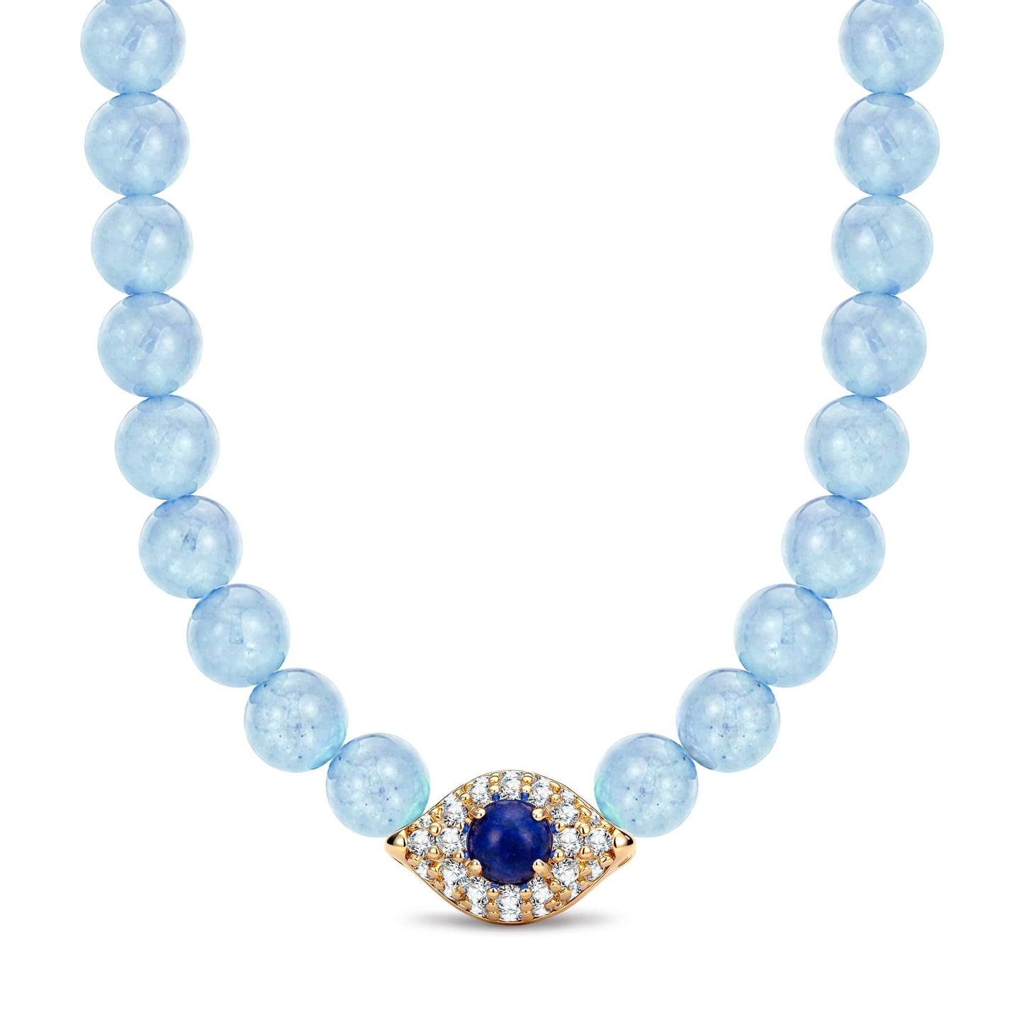 Sterling Silver 4mm Aquamarine Chalcedony Bead Pavé Evil Eye Necklace