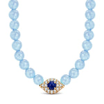 Sterling Silver 4mm Aquamarine Chalcedony Bead Pavé Evil Eye Necklace