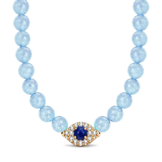 gona- Sterling Silver 4mm Aquamarine Chalcedony Bead Pavé Evil Eye Necklace