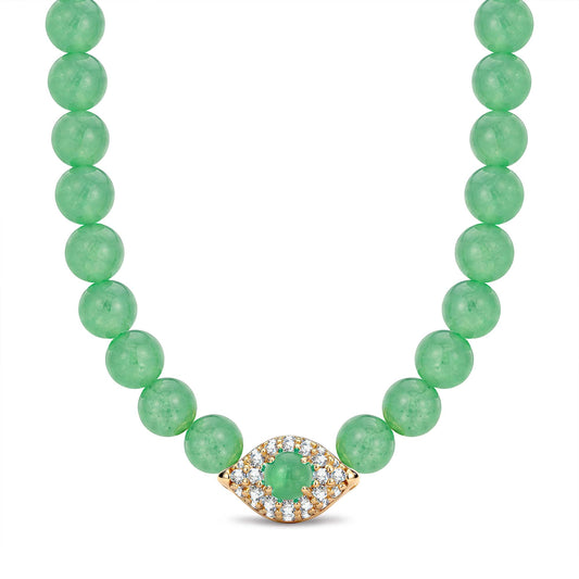 gona- Sterling Silver 4mm Green Aventurine Bead Pavé Evil Eye Necklace