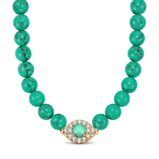 gona- Sterling Silver 4mm Natural Turquoise Bead Pavé Evil Eye Necklace