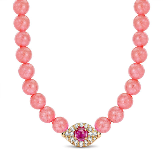 gona- Sterling Silver 4mm Rhodochrosite Chalcedony Bead Pavé Evil Eye Necklace