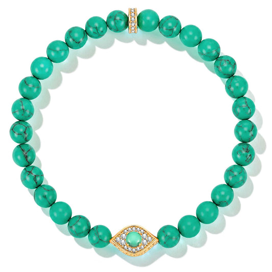 gona- Sterling Silver (S925) Marbled Teal 6mm Natural Turquoise Beaded Pavé Evil Eye Stretch Bracelet – 19.5cm (7.7")