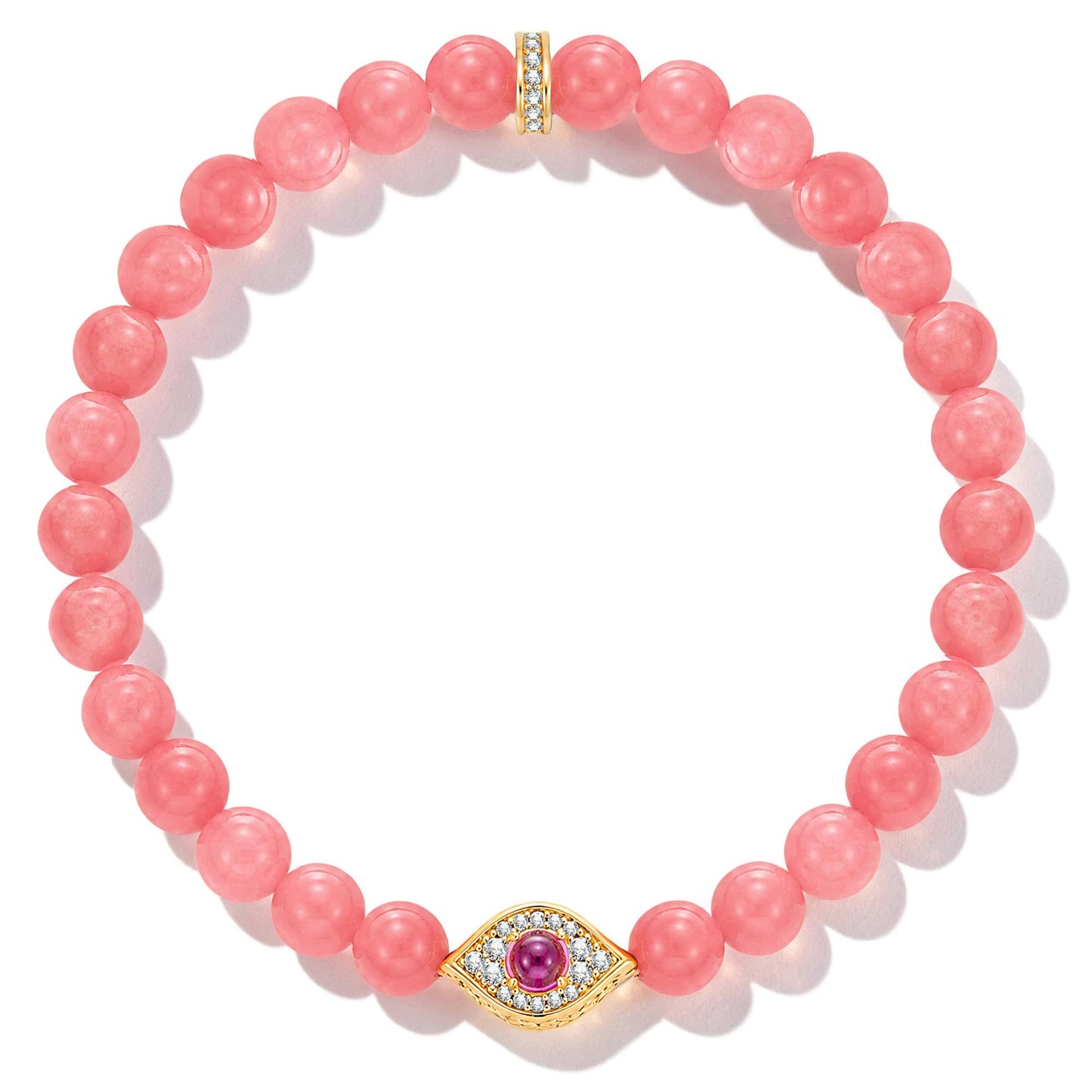 Sterling Silver (S925) Blush Pink 6mm Rhodochrosite Chalcedony Beaded Pavé Evil Eye Stretch Bracelet – 19.5cm (7.7")