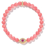 Sterling Silver (S925) Blush Pink 6mm Rhodochrosite Chalcedony Beaded Pavé Evil Eye Stretch Bracelet – 19.5cm (7.7")