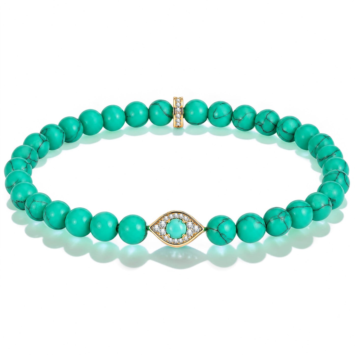 Sterling Silver (S925) Marbled Teal 6mm Natural Turquoise Beaded Pavé Evil Eye Stretch Bracelet – 19.5cm (7.7")