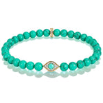Sterling Silver (S925) Marbled Teal 6mm Natural Turquoise Beaded Pavé Evil Eye Stretch Bracelet – 19.5cm (7.7")