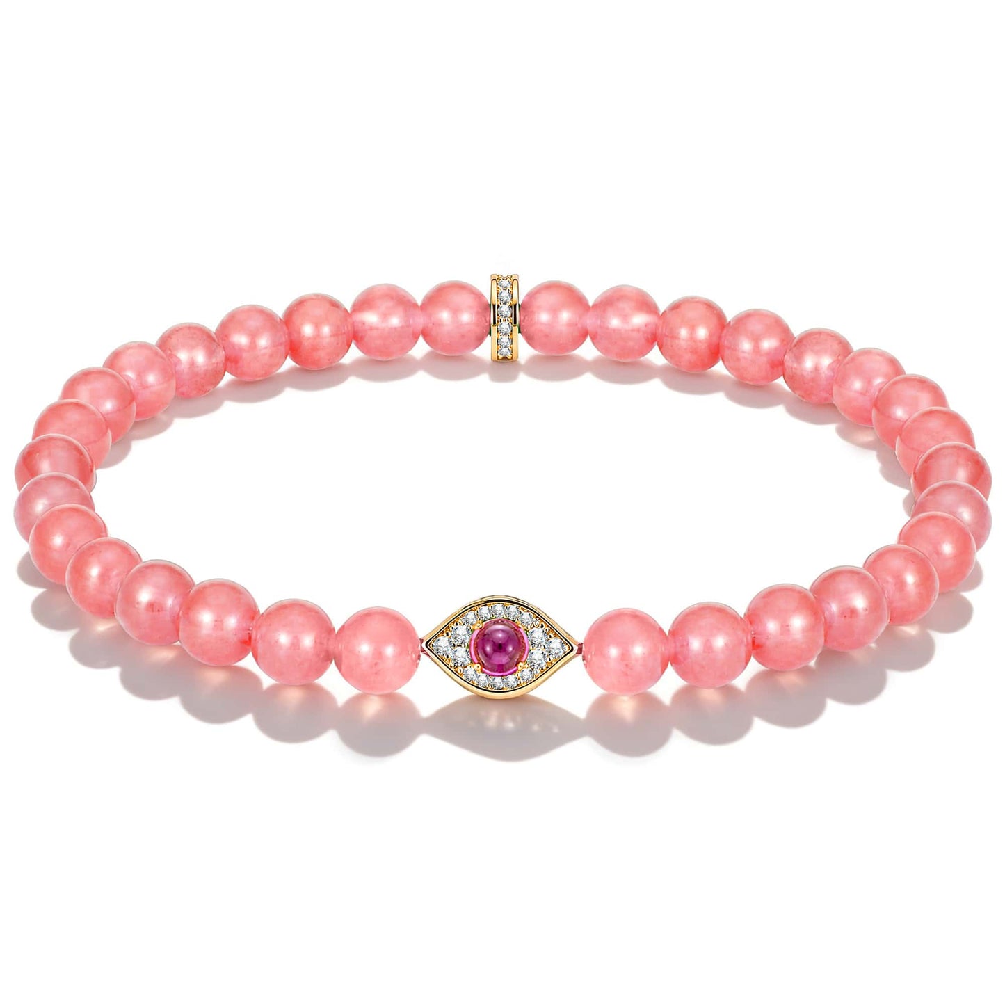Sterling Silver (S925) Blush Pink 6mm Rhodochrosite Chalcedony Beaded Pavé Evil Eye Stretch Bracelet – 19.5cm (7.7")