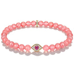 Sterling Silver (S925) Blush Pink 6mm Rhodochrosite Chalcedony Beaded Pavé Evil Eye Stretch Bracelet – 19.5cm (7.7")