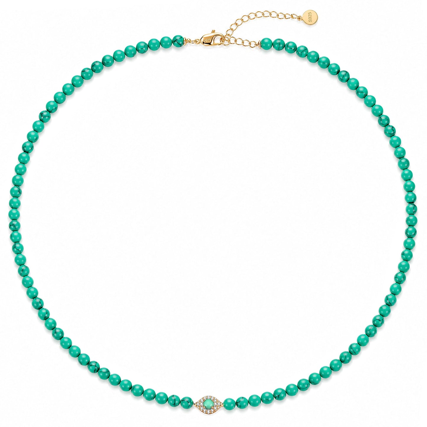 Sterling Silver 4mm Natural Turquoise Bead Pavé Evil Eye Necklace