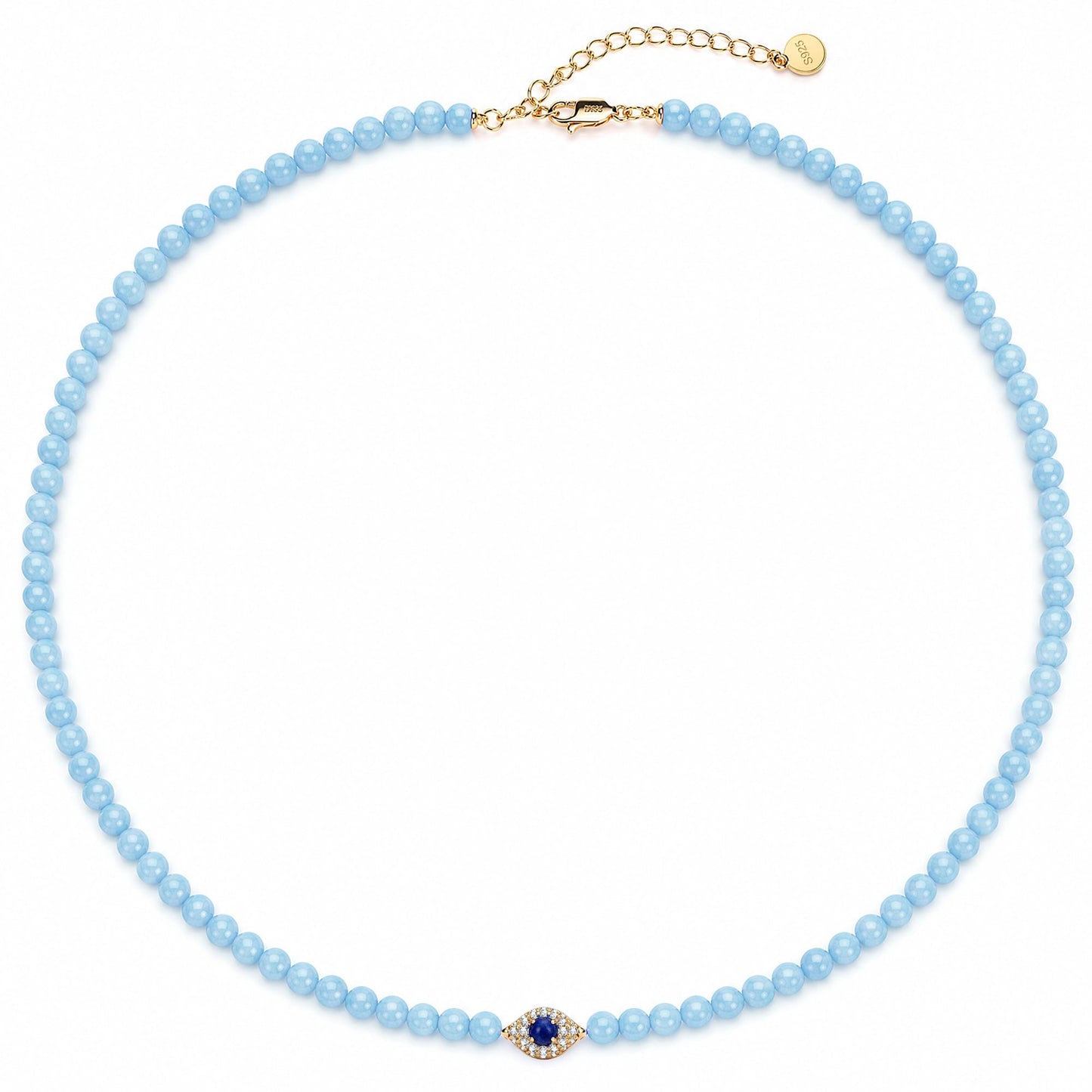 Sterling Silver 4mm Aquamarine Chalcedony Bead Pavé Evil Eye Necklace