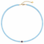 Sterling Silver 4mm Aquamarine Chalcedony Bead Pavé Evil Eye Necklace