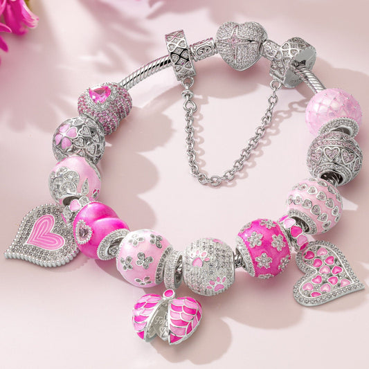 gon- Sterling Silver Barbie Land Charms Bracelet Set With Enamel In White Gold Plated