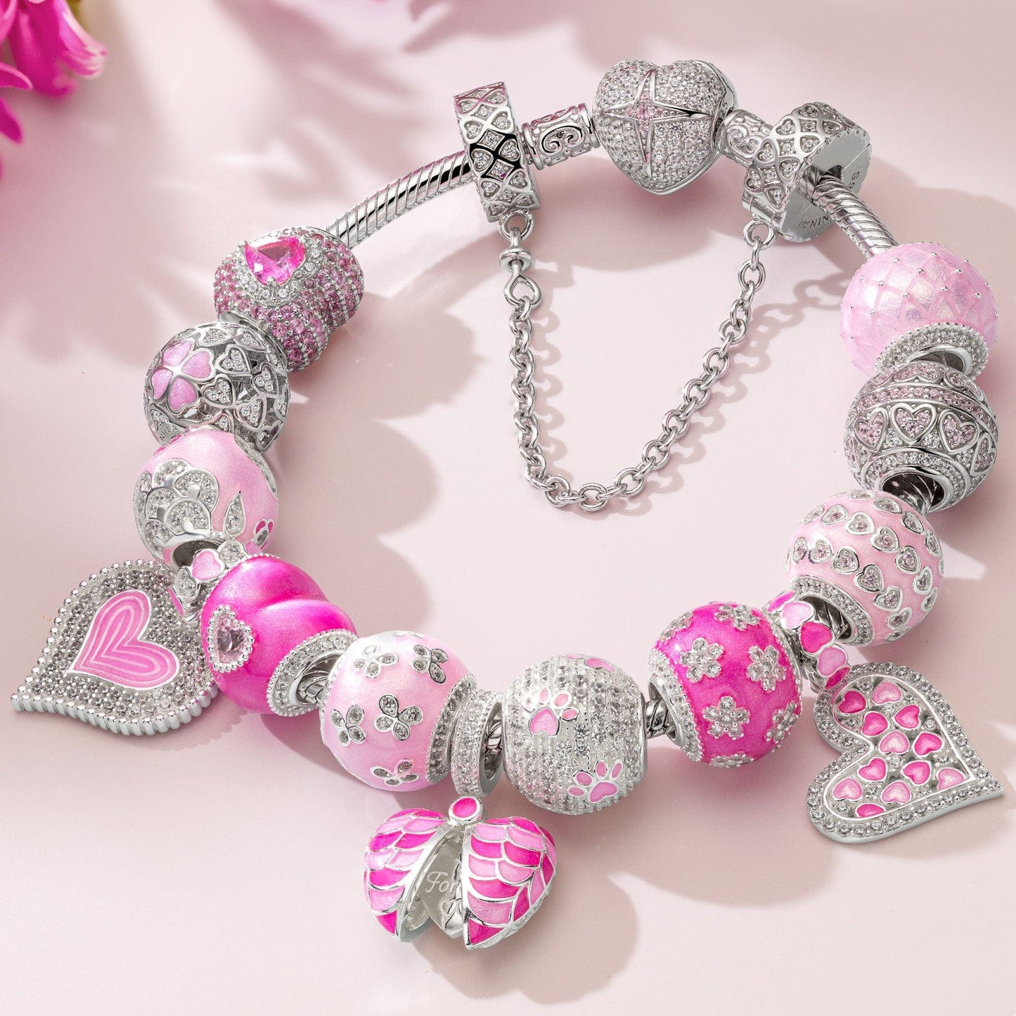 Sterling Silver Barbie Land Charms Bracelet Set With Enamel In White Gold Plated (Includes bracelet and all charms shown)
